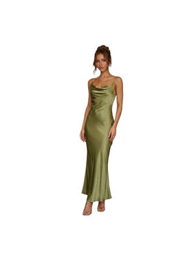 RNTMR Olive Green Satin Slip Dress Cowl Neck Maxi Size S